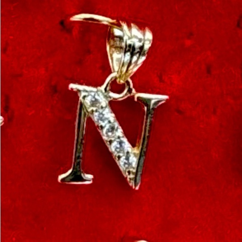 14K Yellow Gold tiny N initial pendant charm with CZ Stones
